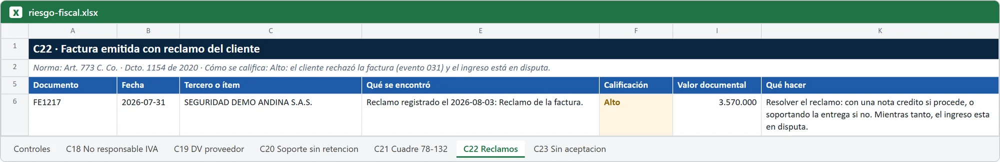 Hoja de Excel de Cotejo 360 con el hallazgo del control Factura emitida con reclamo del cliente (datos ficticios)