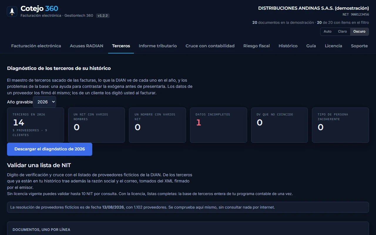 1. Descarga los 12 meses del año gravable, emitidos y recibidos (una bandeja a la vez), con el nivel «Completo». El diagnóstico trabaja sobre lo que tienes en el histórico.