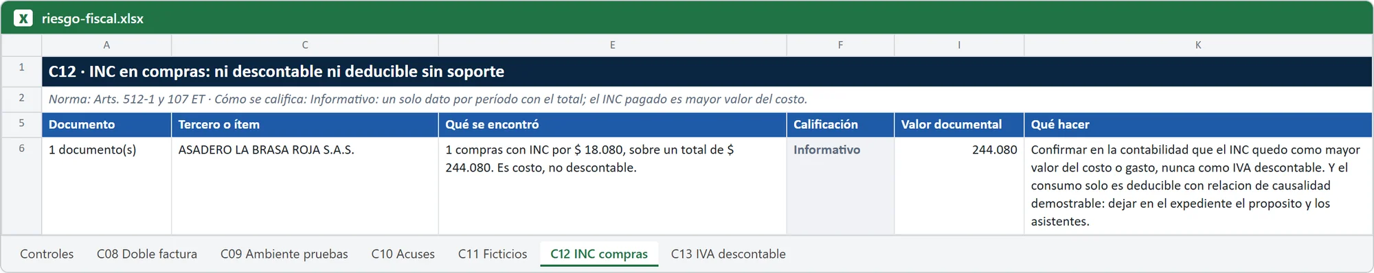 Hoja de Excel de Cotejo 360 con el hallazgo del control INC en compras (datos ficticios)
